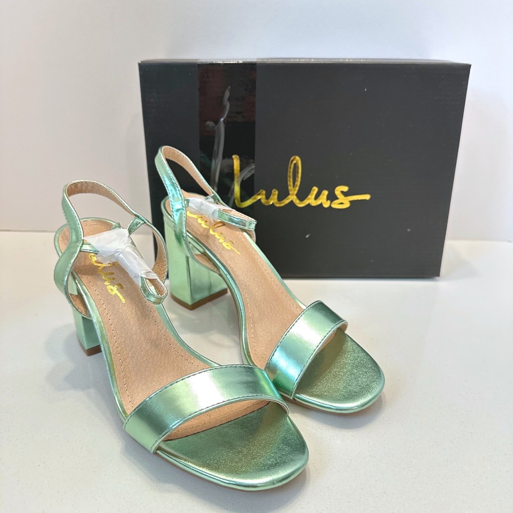 Lulus Arya Green Metallic Block Heel Sandals Size 7 SB412677-12-7‎ Ankle Strap